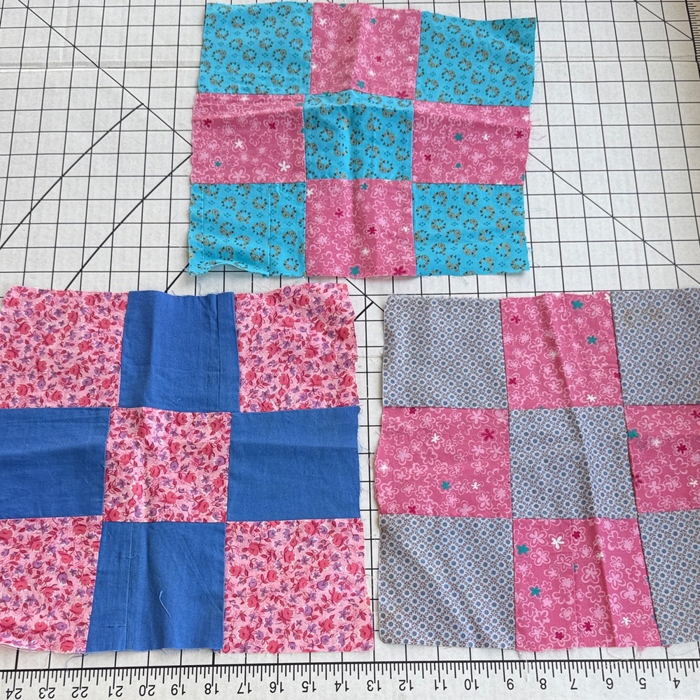 Lot of 3 Vintage 9-Patch Quilt Blocks – Pink & Blue Calico Cotton, 1970s